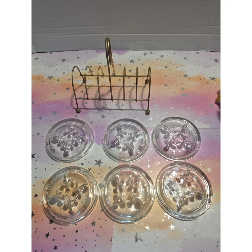Vintage Princess House Clear Glass Fleur-de-lis Coaster Set Of Six Brass Caddy